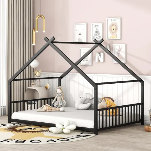Vista 12 de Lakifun Casa de juegos de cama de metal de tamaño individual con barandillas de techo y valla para niños y niñas, marco de toldo Montessori de suelo