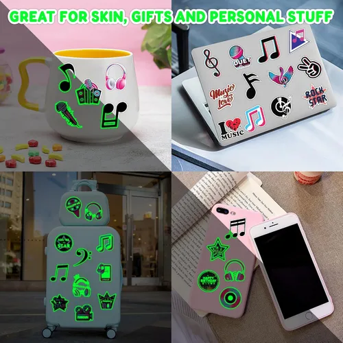 Vista 5 de 96 piezas de notas musicales que brillan en la oscuridad precortados tatuajes temporales para niños Luminous Musical Themed Birthday Party