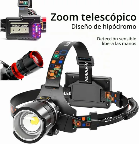 Vista 3 de Linterna frontal recargable de 90000 lúmenes, lámpara de cabeza ultra brillante, luz de casco duro con zoom, IPX54, accesorios de campamento, 6