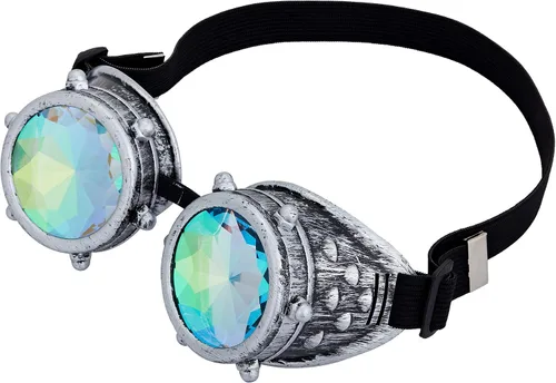 Vista 64 de Gafas de caleidoscopio retro con pinchos, gafas de cristal arcoíris steampunk estilo soldadura, gafas de cosplay punk
