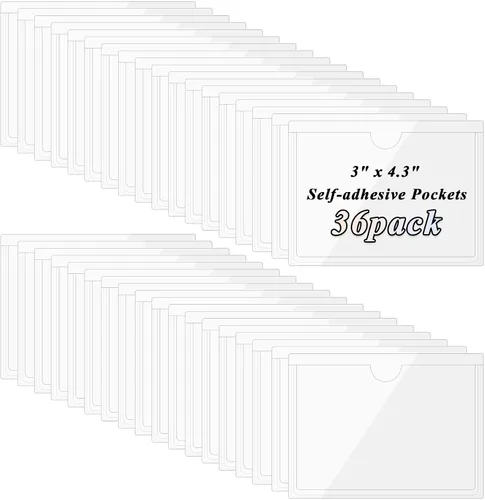 Vista 8 de Antner Paquete de 36 soportes autoadhesivos de 1.2 x 4.3 pulgadas, bolsillos para tarjetas de índice para tarjetas de 1 x 4 pulgadas, soporte