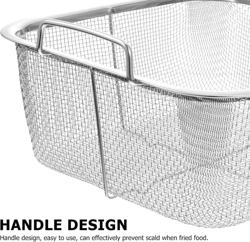 Vista 5 de Hemoton Cesta cuadrada de acero inoxidable para freír de 12.9 x 7.9 pulgadas con mango plegable, colador de freidora profunda para papas fritas