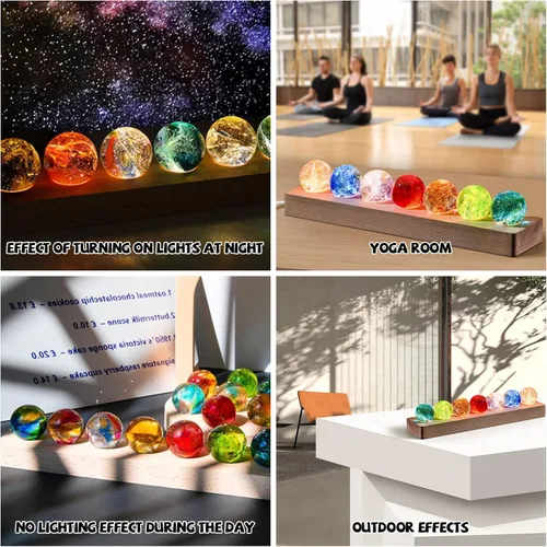 Vista 6 de Bola de cristal con base de luces LED de madera, luz nocturna de cristal colorida, 7 bolas de cristal, luces USB decorativas, mesa USB, lámpara