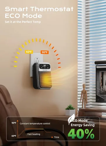 Vista 3 de Minetom Calentador de espacio portátil enchufable, calentador de pared pequeño de 800 W para uso en interiores, control remoto, temporizador de 12