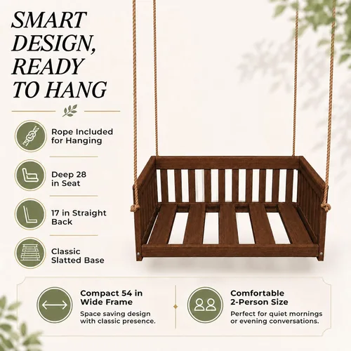 Vista 6 de Amish Made Antique Mahogany Mission Swing, Made in USA Deep Seating Mission Collection HDPE Poly Lumber Porch Swing with Rope, All-Weather Outdoor