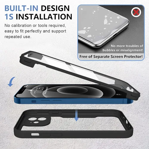 Vista 8 de Carcasa compatible con iPhone 12, diseño transparente, color negro Protector de pantalla integrado a prueba de golpes antiarañazos resistente