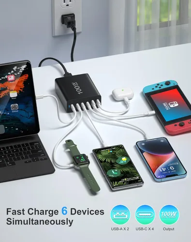 Vista 3 de Cargador USB C 100W GaN 6 puertos USB C tipo estación de carga, bloque de concentrador, cargador de pared USB C, adaptador de corriente con 4 USB