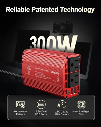Vista 2 de Inversor de corriente Bestek 300 W CC 12 V a 110 V CA con adaptador de auto con puerto USB doble 4.2 A