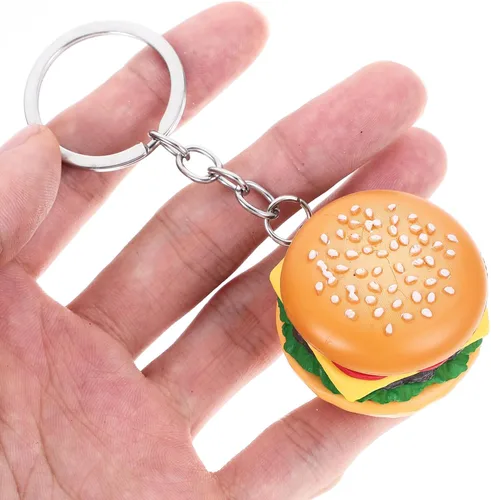 Vista 6 de jojofuny 4 llaveros de hamburguesa 3D con colgante de hamburguesa con queso, llavero de simulación de alimentos, para bolsas de puré, para recuerdos