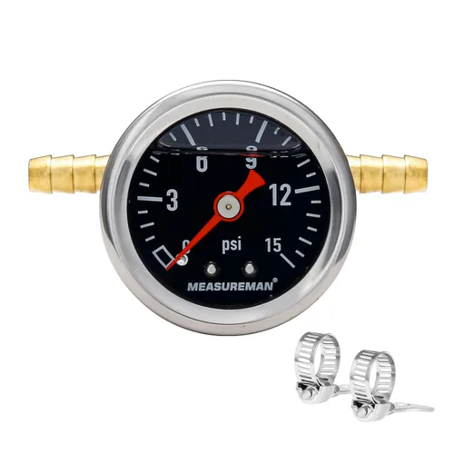 Vista 22 de MEASUREMAN - Manómetro, 0 a 15 psi, relleno glicerina, esfera 1.5 pulgadas, caja acero inoxidable 304, montaje central posterior 1/8 NPT, adaptador