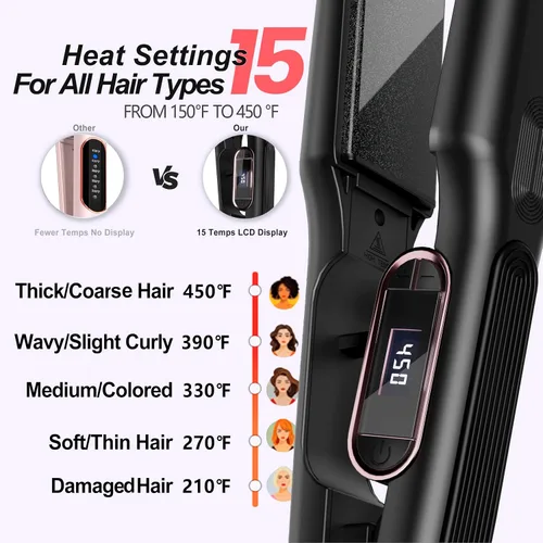 Vista 5 de Plancha de cerámica con placa flotante 3D, plancha de pelo con 15 temperaturas para cabello grueso, mango ergonómico de silicona, pantalla LCD, Negro