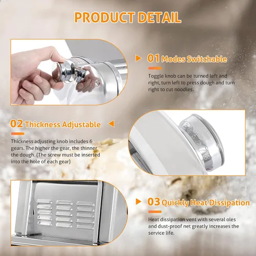 Vista 3 de Máquina eléctrica para hacer pasta WICHEMI, rodillo de pasta y espaguetis, prensa de fideos de acero inoxidable de 135W para uso doméstico familiar