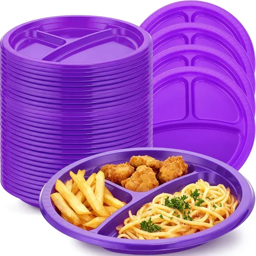 Vista 17 de Umigy 100 platos de plástico divididos de 10 pulgadas, 3 compartimentos, a granel, colorido, desechable, resistente, vajilla redonda para San Negro