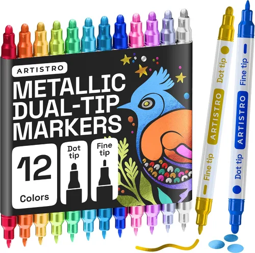 Vista 35 de ARTISTRO 5 marcadores negros de pintura acrílica de doble punta, juego de bolígrafos de pintura con puntos y puntas finas para tela, rocas, vidrio