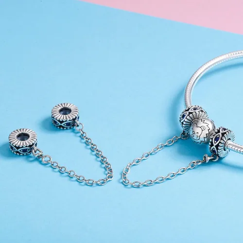 Vista 2 de Dije con cadena de seguridad, con corazón de plata de ley 925, compatible con pulseras y collares Pandora
