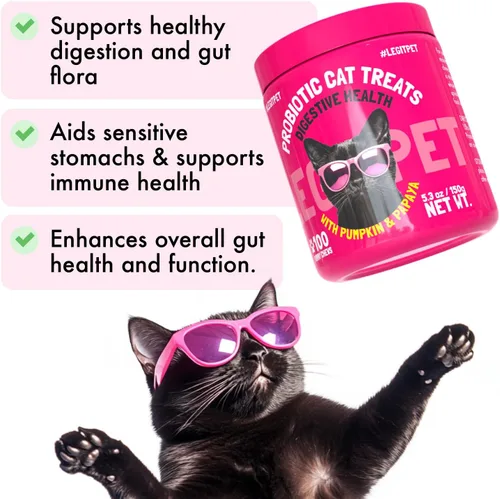 Vista 2 de LEGITPET Golosinas probióticas para gatos con prebióticos – Apoyo digestivo masticables suaves con calabaza y papaya – Apoya la salud intestinal
