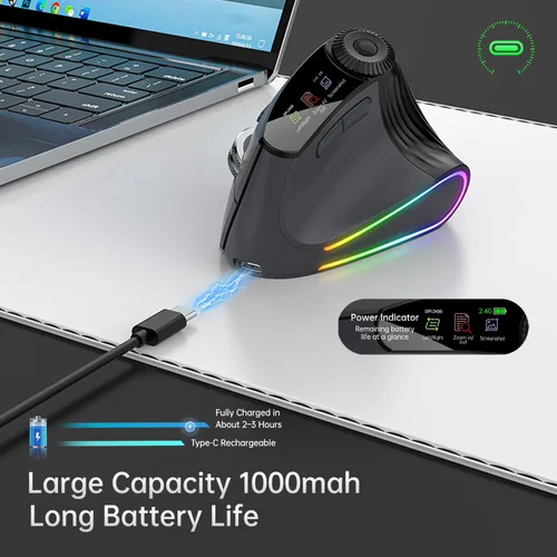 Vista 2 de Ratón inalámbrico ergonómico, mouse silencioso vertical Bluetooth con pantalla LED y control de perilla, recargable, 4800 DPI, desplazamiento