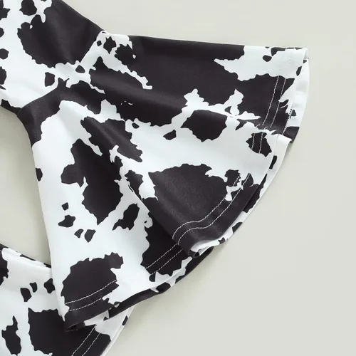 Vista 27 de fhutpw Conjunto de camiseta de manga corta con estampado de vaca y pantalones acampanados de dibujos animados para niñas