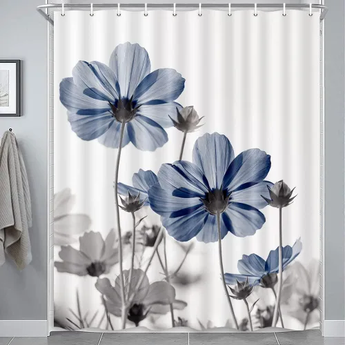 Vista 44 de MERCHR Cortina única floral azul para decoración de baño, cortina de ducha estilo granja con flores de margarita azul y gris elegantes y diseño