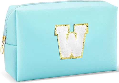 Vista 31 de URSKYTOUS Regalos para niñas, bolsa de maquillaje con inicial, bolsa de cosméticos personalizada con cremallera, bonita bolsa de aseo de viaje, Azul
