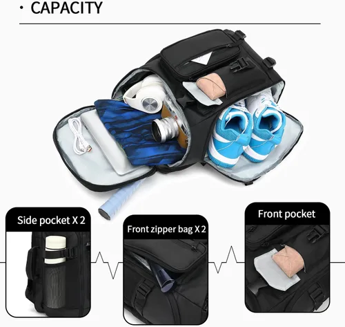 Vista 6 de Kalesi Mochila Bolsa de Lona para Gimnasio 4 Vías Impermeable con Compartimento para Zapatos para Viaje Deporte Senderismo Laptop, 02-Negro