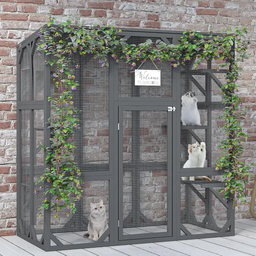 Vista 2 de Ball & Cast Catio - Casa de madera para gatos de 59 pulgadas con anti-UV e impermeable, plataformas y cajas de descanso para interiores, gris oscuro
