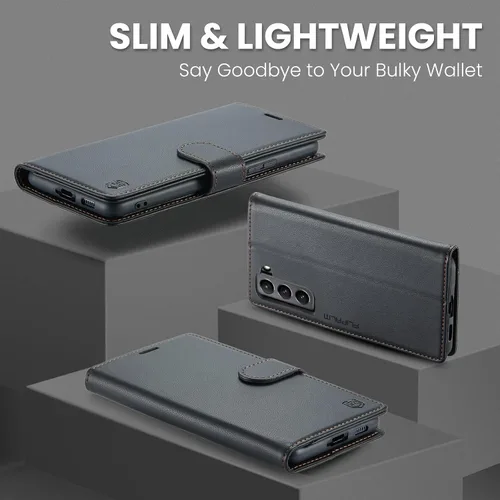 Vista 6 de FLIPALM - Funda tipo cartera para Samsung Galaxy S21 Plus, color negro Titular de la tarjeta, bloqueo RFID, cuero PU Folio Flip, Kickstand