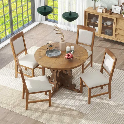 Vista 2 de VilroCaz Juego de comedor funcional retro de 5 piezas, mesa de comedor extensible de madera maciza con una hoja de 16 pulgadas y 4 sillas tapizadas