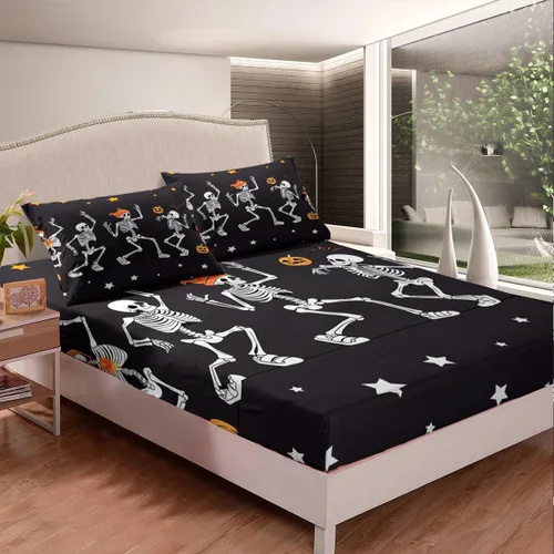 Vista 4 de Erosebridal Juego de sábanas de calavera para niños, tamaño individual, para Halloween, esqueleto gótico bailarín, juego de sábanas para niños