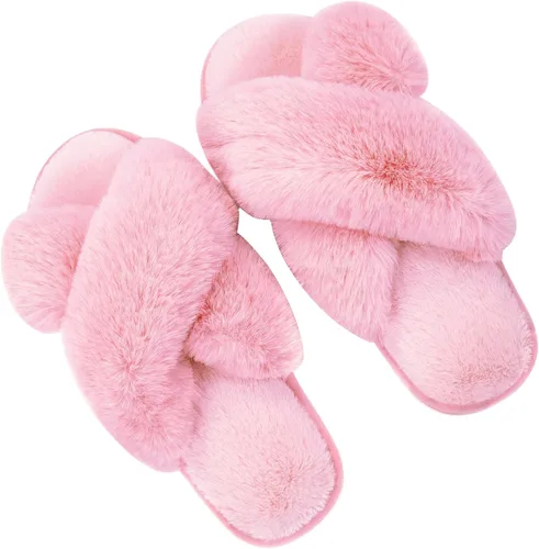 Vista 5 de Metog Women's Fuzzy Slippers House Slippers Cross Band Slippers Indoor Outdoor Soft Open Toe Slippers