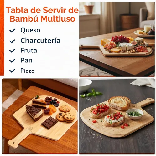 Vista 6 de Pizarra de madera de 12 pulgadas con tamaños grabados, tabla de cortar de pizza de bambú multiusos, cáscara de pizza de madera, espátula de pizza