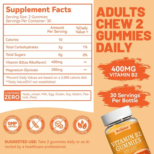 Vista 3 de Gomitas de vitamina B2, suplemento de riboflavina de 400 mg con magnesio para adultos, gomitas B2 para alivio de la migraña* y apoyo del sistema