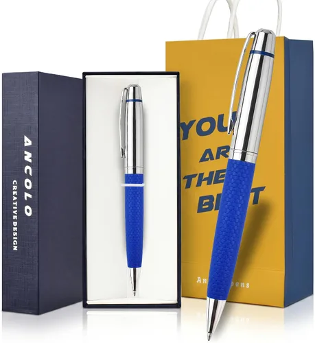 Vista 9 de Ancolo Bolígrafo cromado plateado personalizado, impresionante bolígrafo de lujo con piel sintética, personaliza tu mensaje, nombre. Set de regalo
