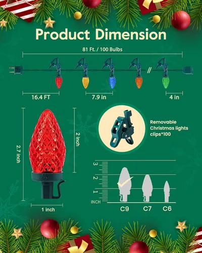 Vista 6 de Luces de Navidad C9 para exteriores con 110 clips de resorte, 110 luces LED C9 de 65 pies, impermeables, conectables para exteriores, techo, patio