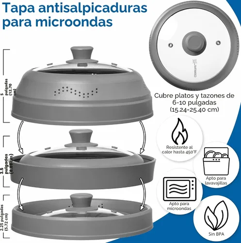 Vista 5 de Cubierta antisalpicaduras para microondas para alimentos - Cubierta de plato de vidrio de silicona, ventilada con perilla de agarre de silicona
