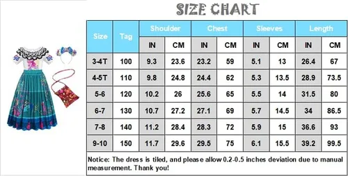 Vista 7 de Uplus ME Disfraz de princesa Mirabel, vestido de disfraz para niños, ropa de Halloween con bolsa, gafas, clips para las orejas