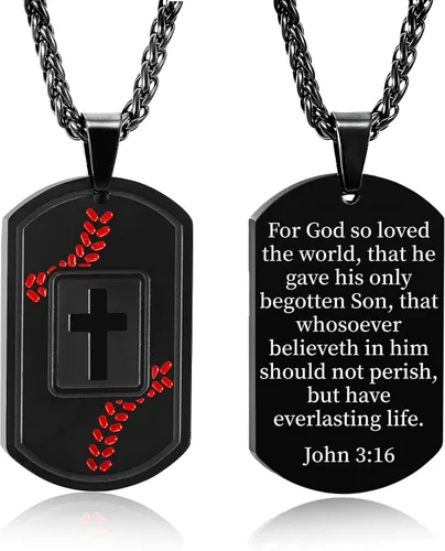 Vista 15 de Collar de cruz con versículo bíblico de béisbol, acero inoxidable, dije de cruz en tono negro/dorado/plateado, regalos religiosos, joyería deportiva