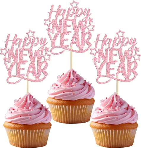 Vista 12 de 24 piezas de adornos para cupcakes de Feliz Año Nuevo 2026 de oro con purpurina, celebra el 2026, adornos de cupcakes para la víspera de Año Nuevo