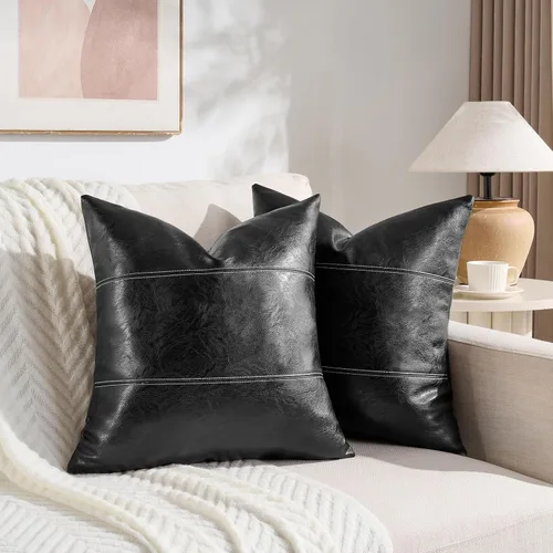 Vista 2 de Fancy Homi - Paquete de 2 fundas de almohada decorativas negras estilo boho de cuero sintético de 16 x 16 pulgadas para sala de estar, sofá, cama