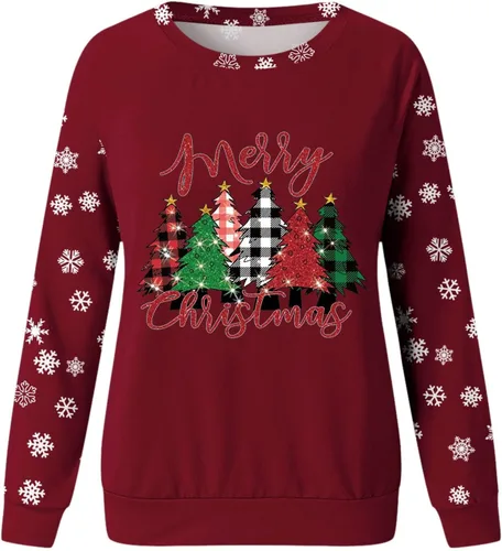 Vista 4 de DUOWEI Sudadera de algodón con capucha y cremallera con estampado navideño y cuello redondo, ajuste sin botones, casual, manga larga, francesa