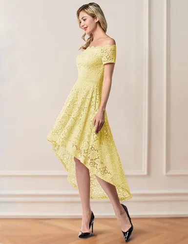 Vista 2 de Dressystar - Vestido de encaje para mujer, vestido asimétrico con vuelo y hombros descubiertos ideal para cóctel, dama de honor, fiesta formal