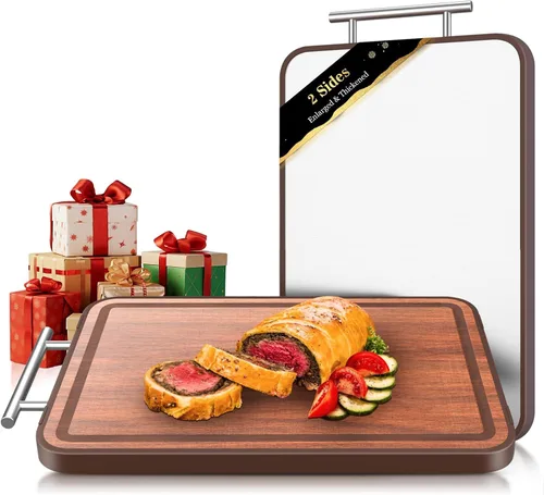 Vista 10 de Tabla de Cortar de Acero Inoxidable y Madera de Doble Cara Tablas de Cortar para Cocina - 2 en 1 Ébano Metal con Mango Resistente a Rayones Carne