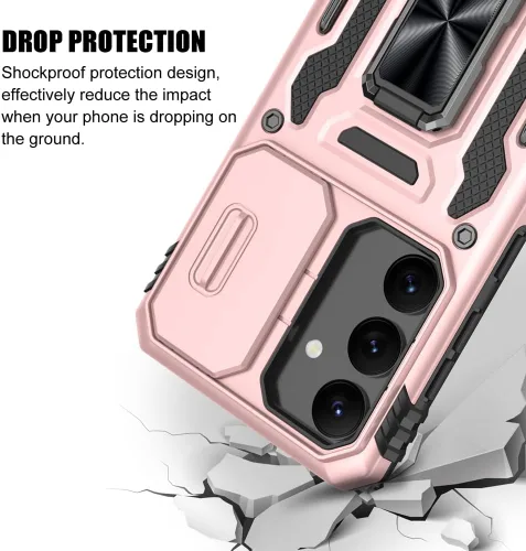 Vista 6 de Funda para Samsung Galaxy S24, a prueba de golpes, con cubierta deslizante para cámara y soporte de anillo giratorio + protector de pantalla