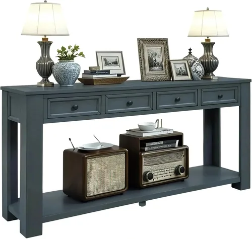 Vista 12 de LKTART - Mesa consola de 63 pulgadas para entrada, mesa de sofá de madera maciza con 4 cajones Blanco antiguo
