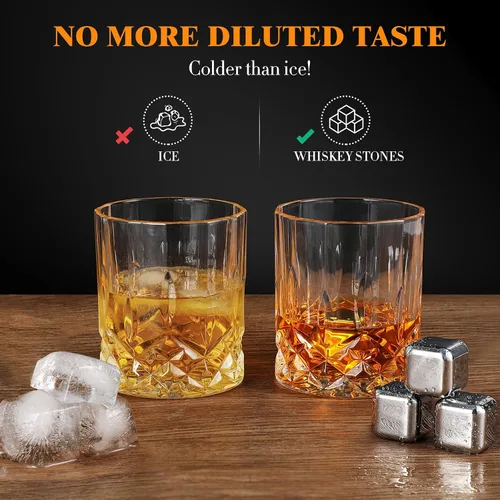 Vista 4 de Juego de vasos de whisky, juego de regalo de cumpleaños para hombre, piedras de whisky, vidrio de roca de bourbon con caja de regalo de madera