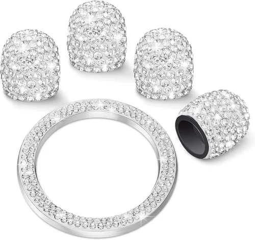 Vista 13 de WINKA 4 tapones para válvula de neumático de automóvil con diamantes de imitación, 1 cubierta de botón de motor de automóvil, anillo de encendido