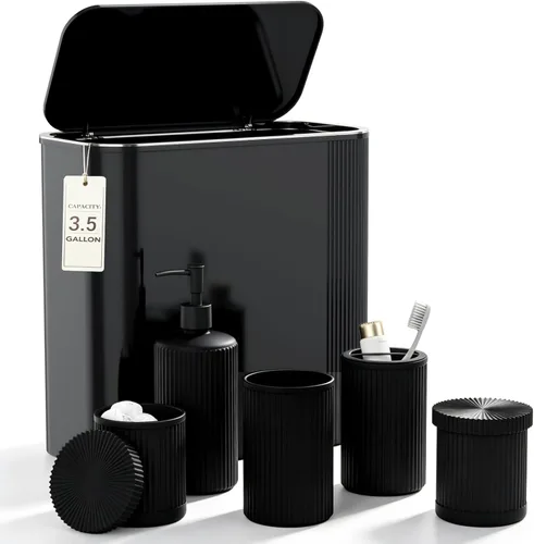 Vista 15 de Juego de accesorios de baño de cristal negro, 5 piezas, dispensador de jabón acanalado vintage, soporte para cepillo de dientes, vaso, tarro Qtip