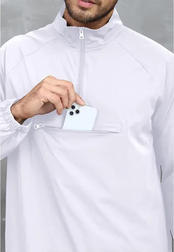 Vista 4 de Aulemen Suéter casual con cremallera de un cuarto para hombre, chaqueta ligera atlética, para senderismo, golf, cuello alto falso con bolsillos