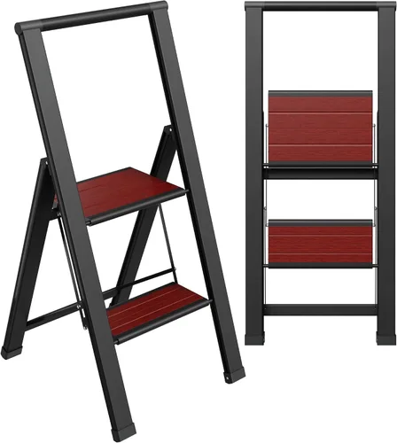 Vista 21 de Escalera de Peldaños de 1 Escalón Plegable, Decorativa - Hermosa Madera Gris y Aluminio Negro, Perfil Ultra Delgado, Peldaños Antideslizantes