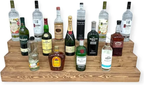 Vista 13 de Estantería de exhibición escalonada hecha a mano, exhibición de barra de tres niveles, organizador de barra, exhibición de botellas de licor